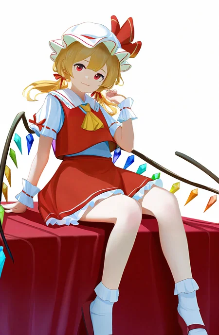 flandre_scarlet, 1girl, solo, looking_at_viewer, smile, shirt, skirt, blonde_hair, white_background, red_eyes, hat, ribbon, closed_mouth, sitting, twintails, white_shirt, full_body, short_sleeves, frills, wings, socks, puffy_sleeves, vest, red_ribbon, puffy_short_sleeves, wrist_cuffs, ascot, white_headwear, red_skirt, white_socks, no_shoes, mob_cap, hat_ribbon, skirt_set, crystal, yellow_ascot, red_vest, bobby_socks