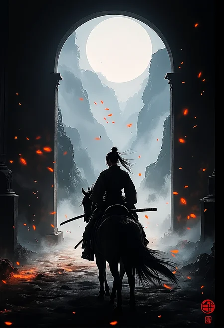 . A wide-angle shot of a female Samurai riding a horse through misty mountains in ancient Japanese architecture with traditional clan symbols and flickering torchlight., <lora:bv-crimson-ronin-style-v1.safetensors:1.0:1.0>