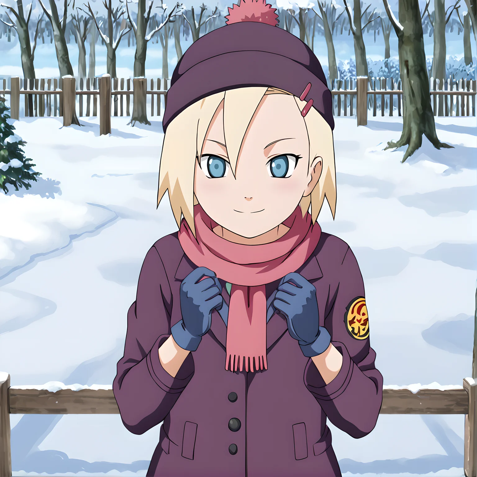 ino, hair ornament, hairclip, 1girl, solo, blonde hair, short hair, blue eyes, smile, looking at viewer, <lora:Ino_Yamanaka_Smol:0.9>
BREAK
level_9, level_8_up, level_7_up, source_anime, masterpiece,
BREAK
naruhodou_artstyle, <lora:Naruho-Dou_ArtStyle:0.7>
BREAK
winter, outside,thick jacket, gloves, scarf, beanie