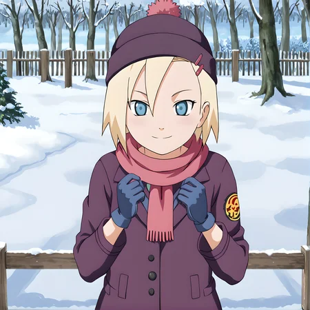 ino, hair ornament, hairclip, 1girl, solo, blonde hair, short hair, blue eyes, smile, looking at viewer, <lora:Ino_Yamanaka_Smol:0.9>
BREAK
level_9, level_8_up, level_7_up, source_anime, masterpiece,
BREAK
naruhodou_artstyle, <lora:Naruho-Dou_ArtStyle:0.7>
BREAK
winter, outside,thick jacket, gloves, scarf, beanie