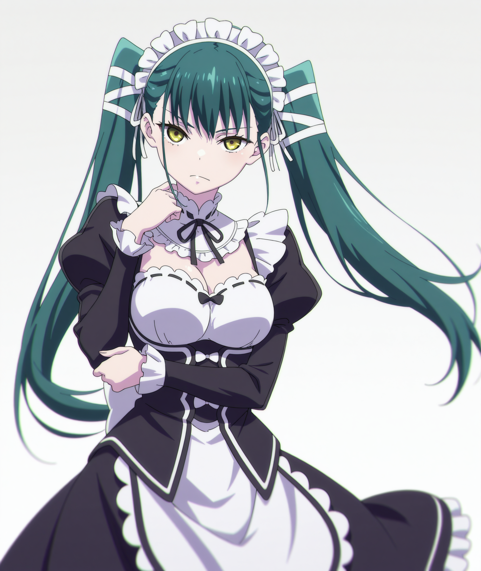official art, absurdres, highres, anime coloring, hi res, best quality, masterpiece, 2d, intricate details, 4k,
1girl, solo, long hair, bangs, black hair, bow, twintails, yellow eyes, hair bow, green hair, 
breasts, medium breasts, maid headdress, maid, maid apron, long sleeves, frilled skirt, frills, frilled dress, frilled sleeves, maid dress, roswaal mansion maid uniform, 
looking at viewer, cowboy shot, 
depth of field, white background, gradient background, <lora:Yachiho_Azuma_ILXL:1>, mato seihei no slave, azuma yachiho,