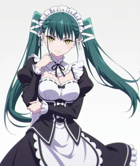 official art, absurdres, highres, anime coloring, hi res, best quality, masterpiece, 2d, intricate details, 4k,
1girl, solo, long hair, bangs, black hair, bow, twintails, yellow eyes, hair bow, green hair,
breasts, medium breasts, maid headdress, maid, maid apron, long sleeves, frilled skirt, frills, frilled dress, frilled sleeves, maid dress, roswaal mansion maid uniform,
looking at viewer, cowboy shot,
depth of field, white background, gradient background, <lora:Yachiho_Azuma_ILXL:1>, mato seihei no slave, azuma yachiho,