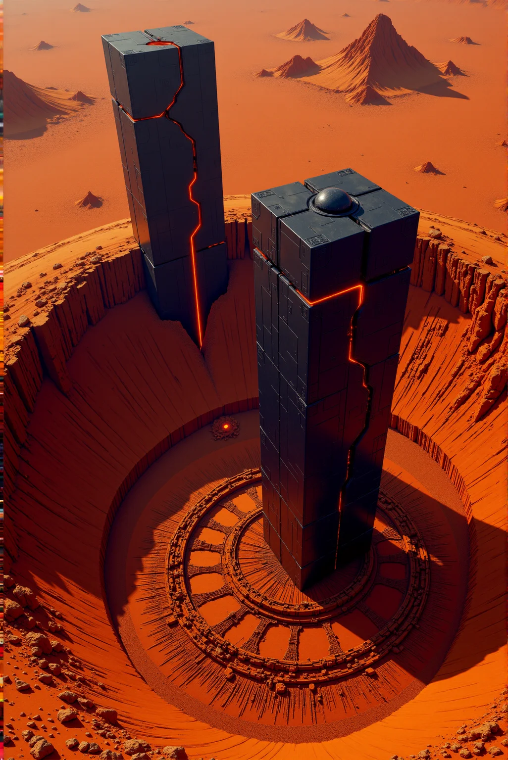 <lora:Legacy_of_the_forerunners_r1:0.8>
A pair of damaged monoliths stand fractured atop a crimson sand sea, their upper halves torn by ancient orbital impacts, yet still pulsing with intermittent vertical glows along their internal cores. Beneath them, half-sunken foundations radiate outward in turbine-like symmetry, each pathway buried by centuries of dust storms. The dark, mineral-like exterior is pitted but resilient, and certain channels still breathe faint thermal exhaust. The entire site hums with dormant energy, waiting to resume a purpose long since forgotten. Visual tone: catastrophic techno-fossilism with ember-toned terrain and glacial-black architecture. Camera: twilight low-angle shot, with lens-flare halo hinting at unseen upper structures obscured by atmospheric dust.