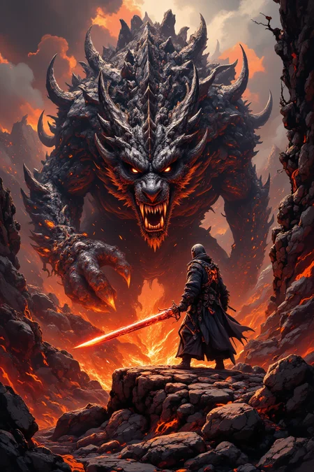 This image depicts a dramatic and fantastical scene featuring a menacing, colossal dragon facing off against a cloaked figure wielding a glowing red sword. The dragon is depicted with dark scales, fierce eyes, and sharp teeth, exuding an aura of immense power and aggression.
The setting appears to be a volcanic or hellish landscape, characterized by rocky terrain and a fiery atmosphere, suggesting intense heat and danger. The sky is filled with ominous clouds tinged with red hues from the surrounding flames and lava flows.
The overall tone of the image is one of epic confrontation and high fantasy, evoking themes of heroism, battle, and mythical creatures. The artwork showcases detailed textures and dynamic lighting that enhance the dramatic tension between the dragon and its opponent.,aidmafluxpro1.1