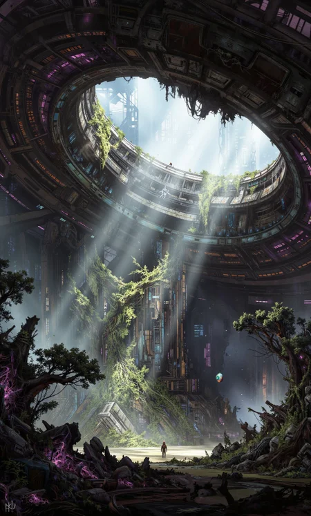 A digital painting in the style of ck-js, depicting a derelict orbital habitat ring, cracked open to space. Where the atmosphere hasn't vented, huge, mutated zero-G trees and vines have overgrown the interior structures, their strange foliage glowing with faint bioluminescence (purples and greens). Sunlight streams through a massive hull breach, illuminating dust motes and tangled growth. A tiny figure in a space suit floats near the breach, observing the wild, reclaimed interior. Palette consists of dark metal greys, deep shadows, vibrant bioluminescent purples/greens, and shafts of stark sunlight. Focus is on the eerie beauty of nature reclaiming artificial structures.