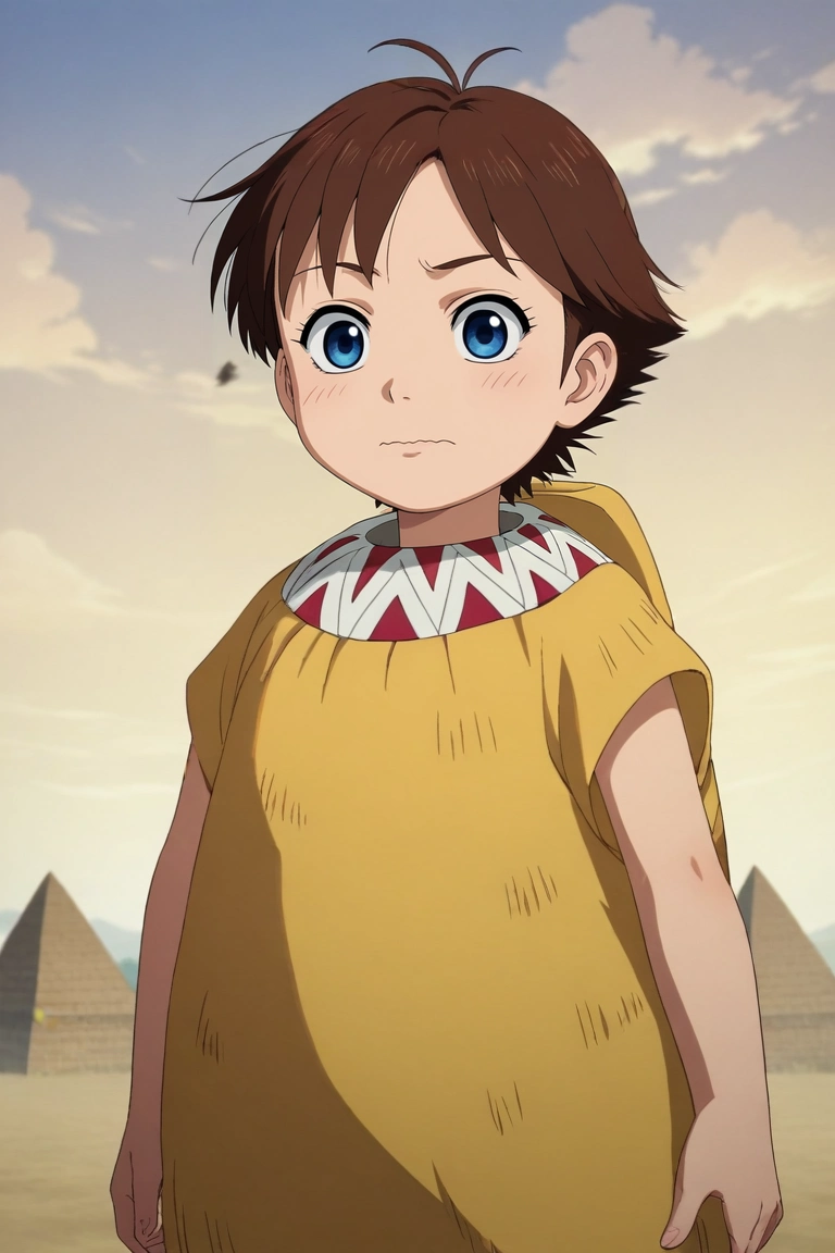 score_9, score_8_up, score_7_up, , rating_safe, , semi-realistic, , depth of field, 1girl, solo, <lora:he_liao_diao_pony:0.82>, he_liao_diao, brown hair, blue eyes, short hair, aged down, straight-on, pyramid, day, clouds, dancing, wavy mouth, ,, <lora:sdxl_lightning_8step_lora:1>