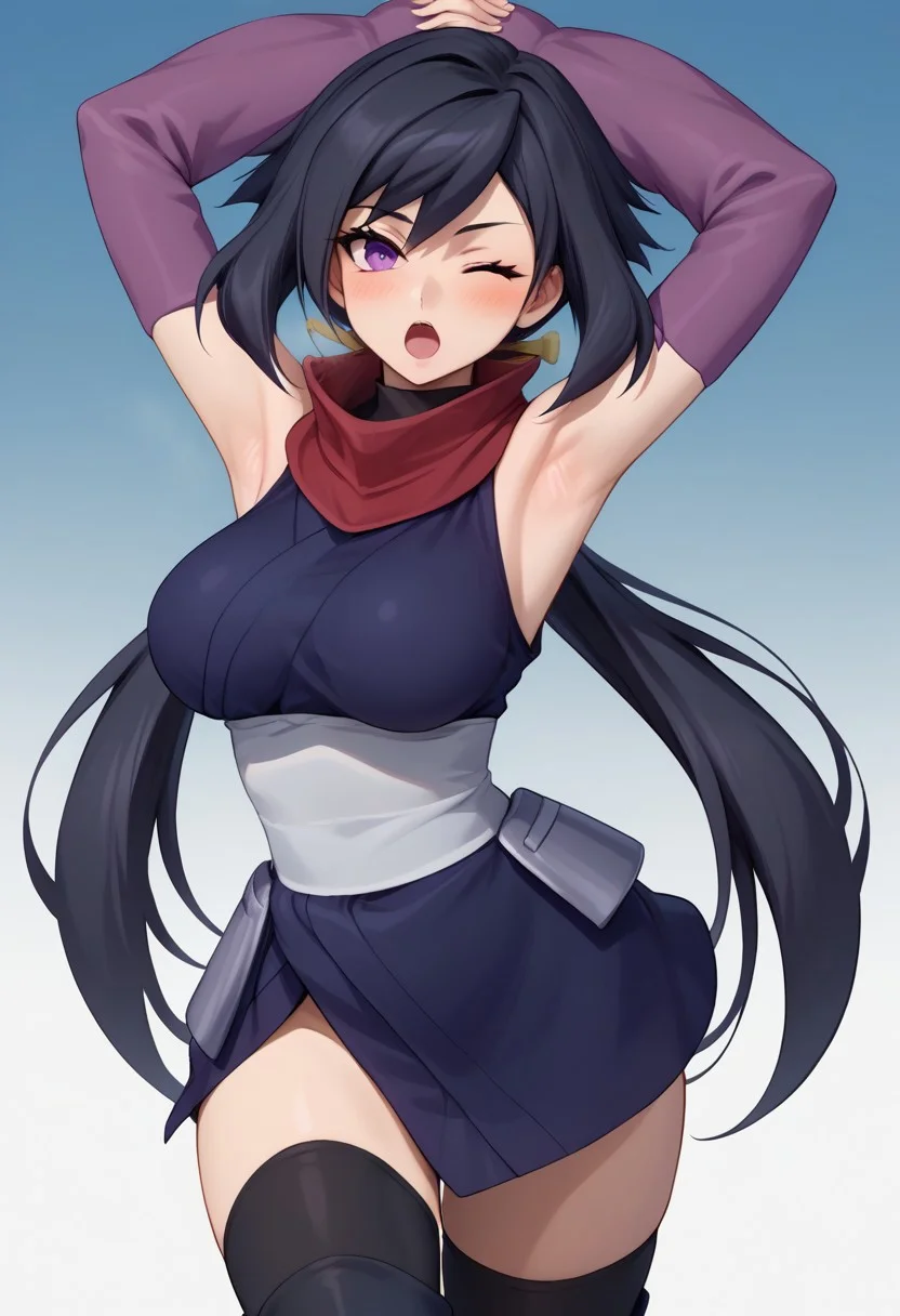 score_9, score_8_up, score_7_up, source_anime, good anatomy, detailed face, beautiful face, 11girl, solo, AyameGBD, black hair, long hair, split ponytail, ponytail, very long hair, purple eyes, bare shoulders, zettai ryouiki, ninja, dark blue kimono, white obi, black thighhighs, thighhighs under boots, dark blue kneeboots, white sandals, detached sleeves, elbow gloves, fingerless gloves, long purple gloves, no mask, unworn mask, red scarf, leaping down, one knee up, one leg up, mouth open, blushing, winking, fluttering kimono, kimono aside, arms over head