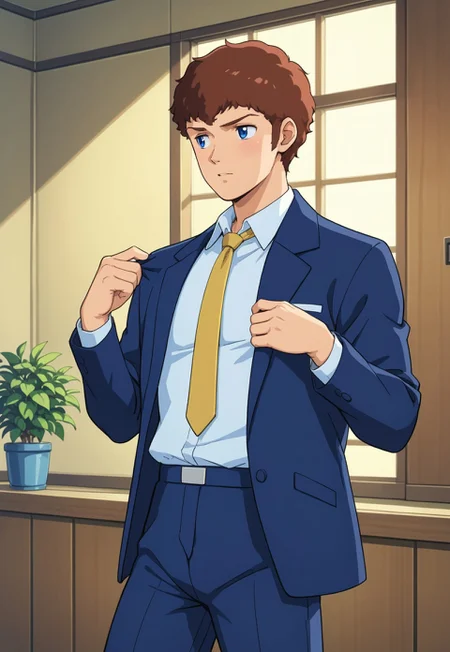 score_9, score_8_up, score_7_up, source_anime, cowboy shot, front view, BREAK, ( amuro_ray_cca, blue eyes, brown hair, best eyes, looking to the side, talking, mouth slightly open, holding onto lift support, 1boy, male focus, solo, ) BREAK, smart clothes, colony lift,