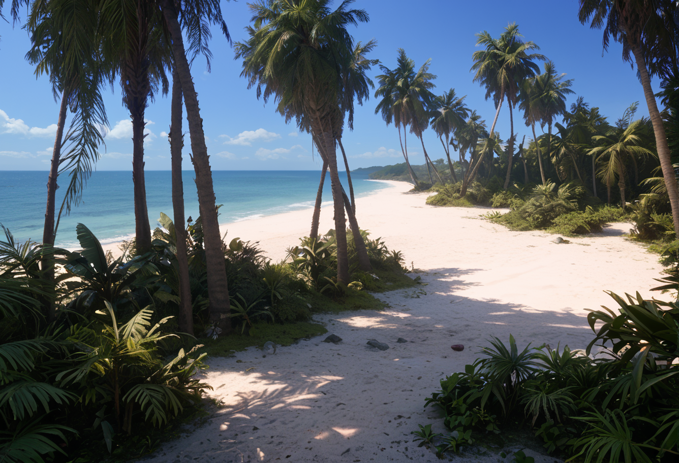 ,ruanyi1118,horizon,ocean,fern,beach,palm tree,outdoors,<lora:1118 isolated island_v1_pony:1>, score_9, score_8_up, score_7_up, score_6_up, score_9, score_8_up, score_7_up, score_6_up source_anime, blush, 1girl, seduce smile, perfect body , natural huge breasts