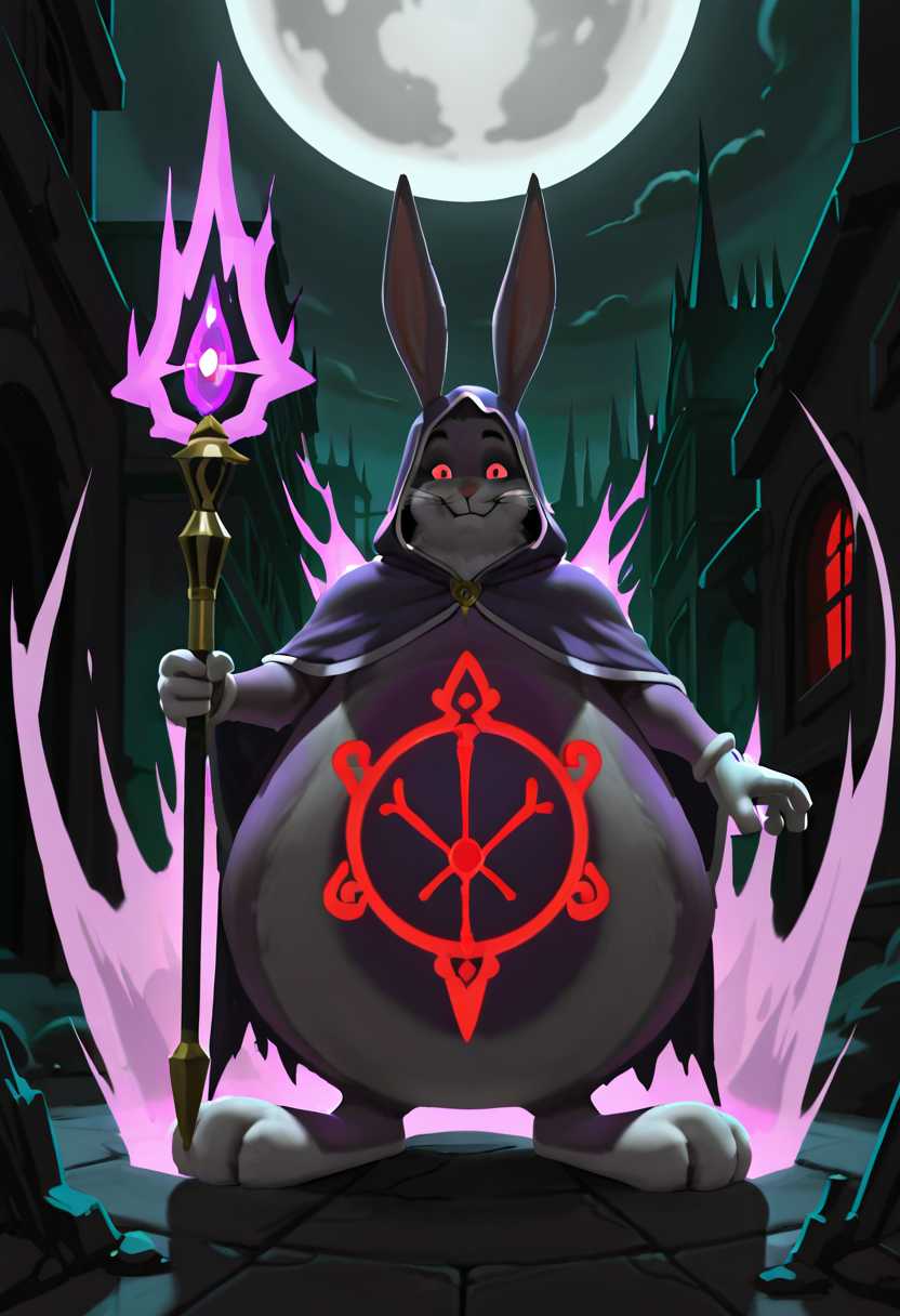 masterpiece, best quality, no humans,   zzBigChungus, looking at viewer, dynamic pose,   dark wizard robe, glowing staff, hood up, glowing red eyes, haunted ruins, floating spell circles, night, purple mist, gothic arches, magical aura, dramatic shadows â Veiled in shadows beneath crumbling gothic ruins, Big Chungus channels ancient power through a gnarled staff etched with arcane runes. A web of glowing spell circles orbits his feet, purple mist curling around him as lightning dances between his fingers and the heavens rumble in fear.  ,<lora:BigChungusIXL:1.0>,