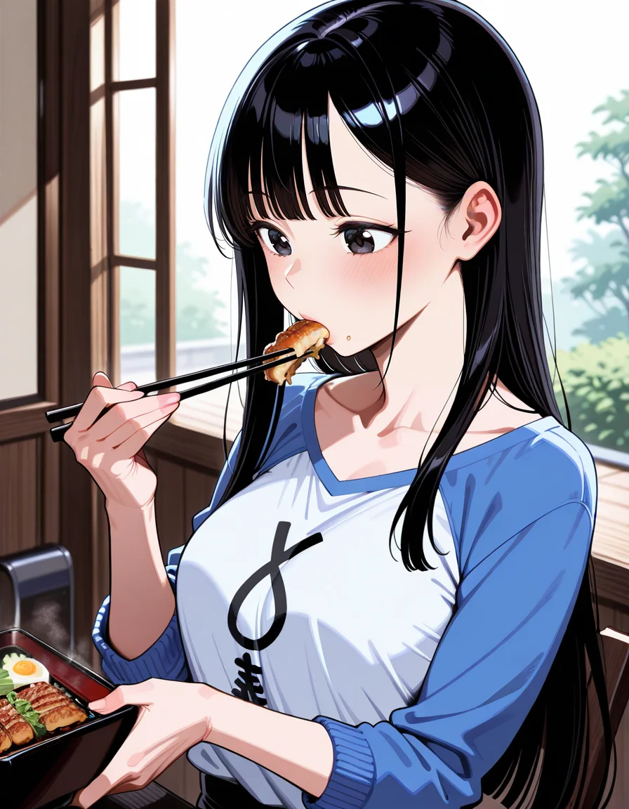 score_9, score_8_up, score_7_up, anime, solo, 1girl, one girl,
Black hair, (chest length hair:1.2), Straight Hair, bangs, one tucked behind ear, black eyes, feature large highlight, feature double highlights, shaped eyeblow,
sensitive,
<lora:donburimono:0.8>, donburimono, chopsticks, unadon, eating unadon,
(masterpiece:1.3), best quality, high resolution, unity 8k wallpaper, (illustration:1.2), 8K,