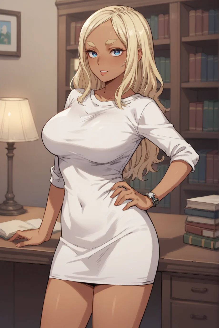 score_9, score_8_up, score_7_up, score_6_up, score_5_up, score_4_up, BREAK source_anime, 1girl, solo,
<lora:MerylXL-v1-07:0.7>, ChopioMeryl, dark-skinned female, long hair, blonde hair, thick eyebrows, blue eyes, looking at viewer,
large breasts,
outfit_1, white dress, short dress, sweater dress, sleeves pushed up, wristwatch, high heels, white footwear,
seductive smile, hand on own hip, parted lips, contrapposto, cowboy shot, 
study, desk, bookshelf, lamp,