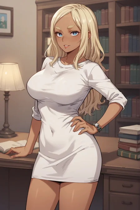 score_9, score_8_up, score_7_up, score_6_up, score_5_up, score_4_up, BREAK source_anime, 1girl, solo,
<lora:MerylXL-v1-07:0.7>, ChopioMeryl, dark-skinned female, long hair, blonde hair, thick eyebrows, blue eyes, looking at viewer,
large breasts,
outfit_1, white dress, short dress, sweater dress, sleeves pushed up, wristwatch, high heels, white footwear,
seductive smile, hand on own hip, parted lips, contrapposto, cowboy shot, 
study, desk, bookshelf, lamp,