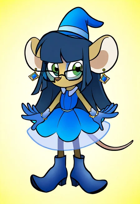 D3w3y,1girl,solo,furry,furry female,mouse girl,mouse ears,long hair,blue hair,sidelocks,blunt bangs,green eyes,glasses,snout,animal nose,buck teeth,body fur,yellow fur,mouse tail, ojamajo costume, blue earrings, blue witch hat, blue gloves, bracelets, blue boots