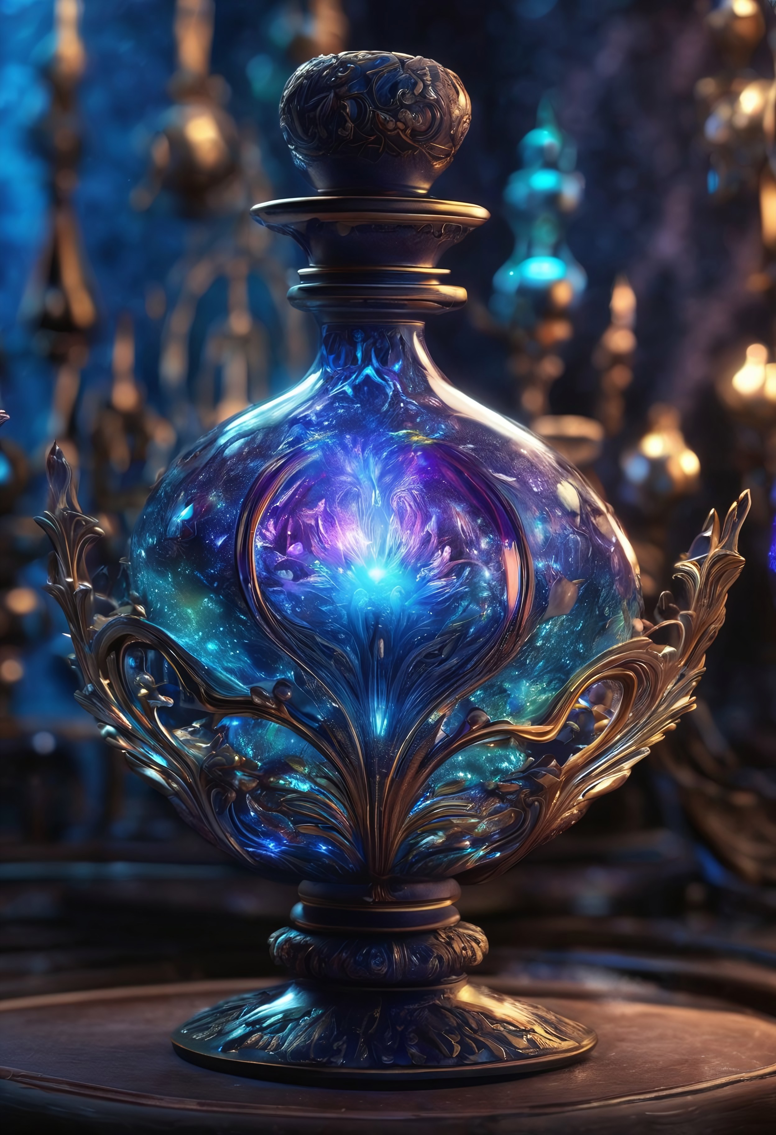 Score_9, Score_8, high_def, highest quality, 4k, best quality, masterpiece, focused, defined, Photorealistic magic potion, intricate glass bottle, elixir, neon teal, indigo colors, ethereal light, flashy lights, magic lights, luminous, dynamic reflections, magical aura, highly detailed, fantasy essence, glowing particles, radiant aura