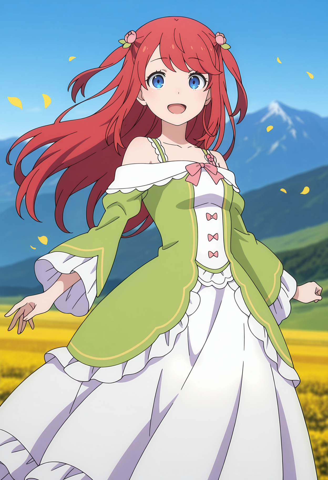 anime screencap, masterpiece, best quality,
<lora:ReZero_TheresiaVanAstrea_IlluXL:0.9>,
1girl, solo, open mouth, smile,
two side up, swept bangs, long hair, red hair, blue eyes, hair flower,
off-shoulder dress, multicolored dress, white dress, green dress, pink bowtie, long sleeves, long dress, frilled dress,
floating clothes, floating hair, floating petals,
outstreched arms, standing, looking at viewer, cowboy shot,
scenery, day, blue sky, mountainous horizon, photo background, blurry background