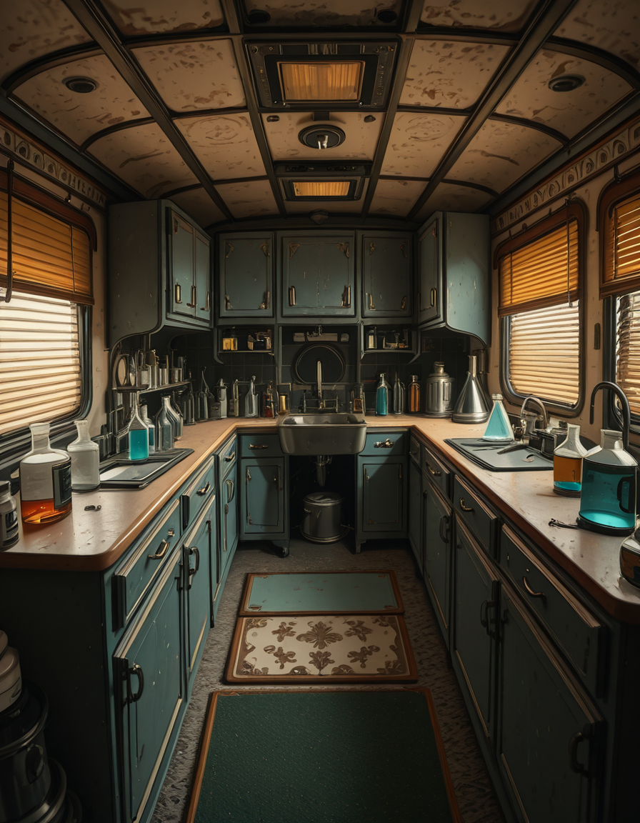 The interior of an old RV converted into a clandestine drug laboratory, inspired by the TV series Breaking Bad. The space is cramped and messy, filled with scientific equipment, glass beakers, flasks, burners, chemical containers, and lab tools scattered around. The walls are aged and stained, with peeling wallpaper and old metallic cabinets. A small sink area is cluttered with dirty lab glassware. The lighting is dim and tinted yellow, with sunlight barely filtering through dusty blinds. The floor is grimy, with a mix of rubber mats and worn carpet. The overall atmosphere is tense and gritty, capturing a sense of secrecy and danger. Hyper-realistic style, cinematic composition, rich in textures and shadows.
<lora:SDXLFaeTastic2400:0.4> <lora:extremely_detailed:0.4> extremely detailed,old RV drug l4b0r4t0ry, <lora:old_RV_drug_l4b0r4t0ry-i:1>, Masterpiece,best quality,hi res,8k,hi res,8k,award winning,(sharp focus, intricate, highly detailed),