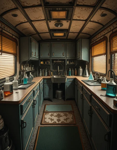 The interior of an old RV converted into a clandestine drug laboratory, inspired by the TV series Breaking Bad. The space is cramped and messy, filled with scientific equipment, glass beakers, flasks, burners, chemical containers, and lab tools scattered around. The walls are aged and stained, with peeling wallpaper and old metallic cabinets. A small sink area is cluttered with dirty lab glassware. The lighting is dim and tinted yellow, with sunlight barely filtering through dusty blinds. The floor is grimy, with a mix of rubber mats and worn carpet. The overall atmosphere is tense and gritty, capturing a sense of secrecy and danger. Hyper-realistic style, cinematic composition, rich in textures and shadows.
<lora:SDXLFaeTastic2400:0.4> <lora:extremely_detailed:0.4> extremely detailed,old RV drug l4b0r4t0ry, <lora:old_RV_drug_l4b0r4t0ry-i:1>, Masterpiece,best quality,hi res,8k,hi res,8k,award winning,(sharp focus, intricate, highly detailed),