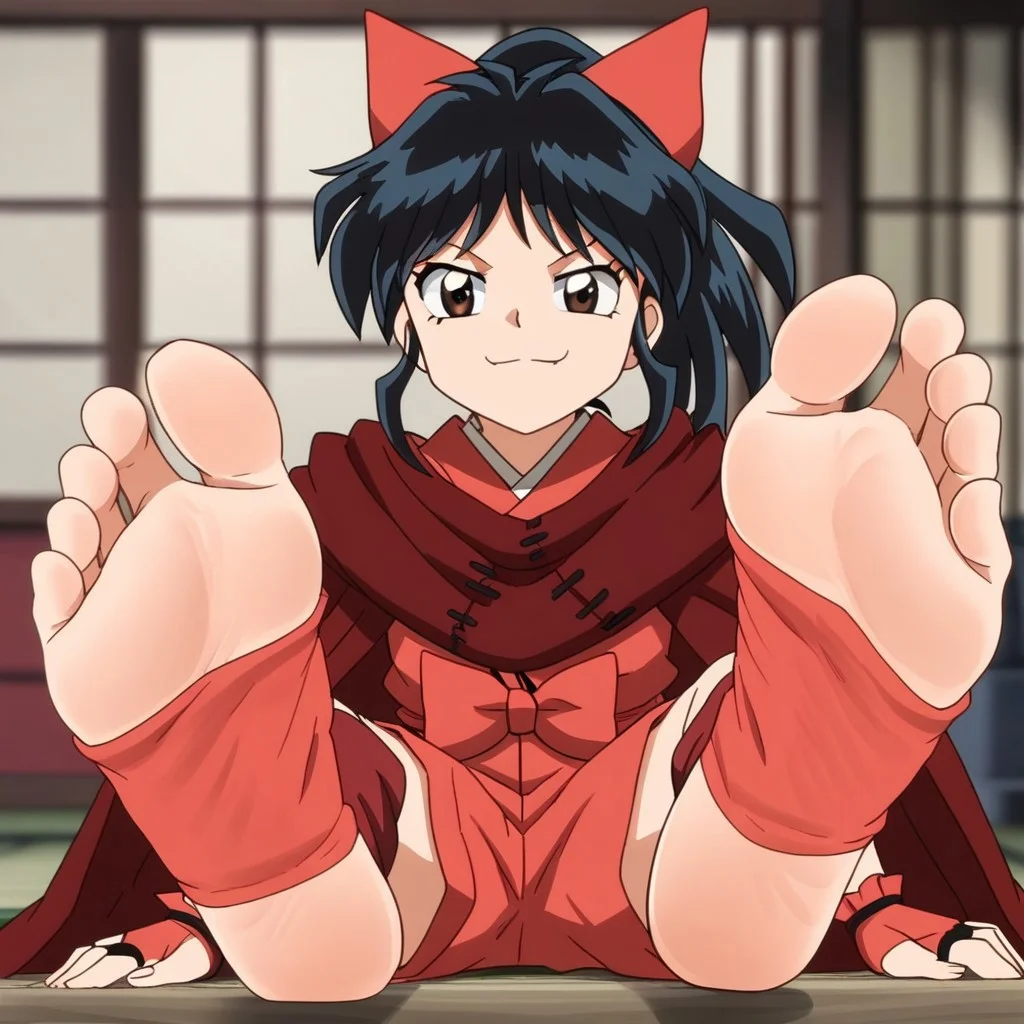 moroha, brown eyes, black hair, hair bow, ponytail, japanese clothes, fingerless gloves, toeless legwear, cape, feet, foot focus, soles, toes, smug, sitting, dojo