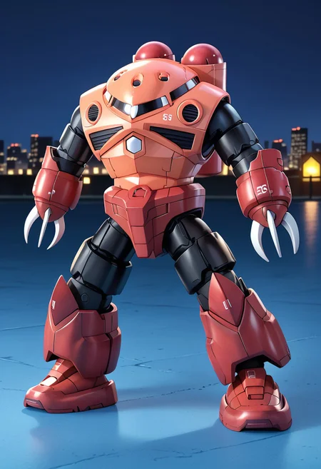 score_9, score_8_up, score_7_up, source_anime, side view, BREAK, ( chars_zgok, white monoeye, full body, looking at viewer, combat pose, ballast tanks on back, weathering, legs apart, ) 1mech, mech focus, solo, BREAK, cityscape,