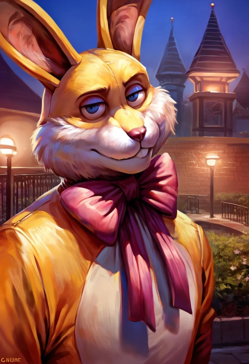 score_9, score_8_up, score_7_up, (luckytherabbit), source_furry, close-up, solo, (yellow fur, rabbit costume), (masterpiece, best quality:1.2), (perfect hands, perfect anatomy), (detailed face, detailed body), detailed background, purple bow, black eyes, beautiful eyes, male, correct eyes, solo, attraction, park, night, concept art, realistic