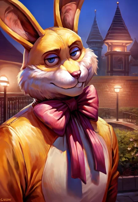 score_9, score_8_up, score_7_up, (luckytherabbit), source_furry, close-up, solo, (yellow fur, rabbit costume), (masterpiece, best quality:1.2), (perfect hands, perfect anatomy), (detailed face, detailed body), detailed background, purple bow, black eyes, beautiful eyes, male, correct eyes, solo, attraction, park, night, concept art, realistic