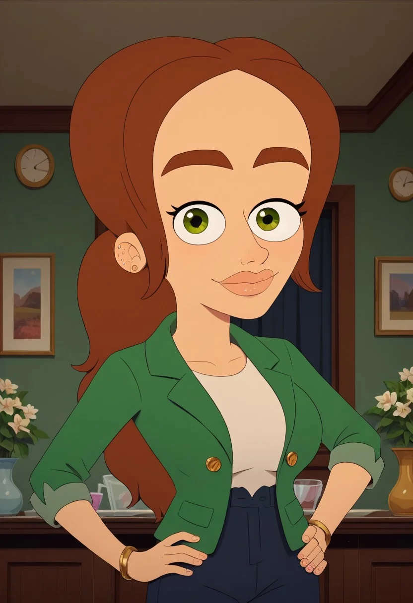 ((room background)),score_9, score_8_up, score_7_up,score_6_up, 
1girl, solo, SarahK_HR, peach-toned skin, yellowish-green eyes, reddish brown hair, half-up hairstyle, long voluminous wavy hair, reddish brown eyebrows, white blouse, fitted green blazer, high-waisted dark blue pants, gold bracelet, sandals, big eyes, full lips, cute, medium height, social smile, perfect eyes, perfect smile, looking at the viewer, detailed eyes, perfect eyes, standing, big breasts (front pose, front view, bust shot) five fingers, perfect hands, hands on hips