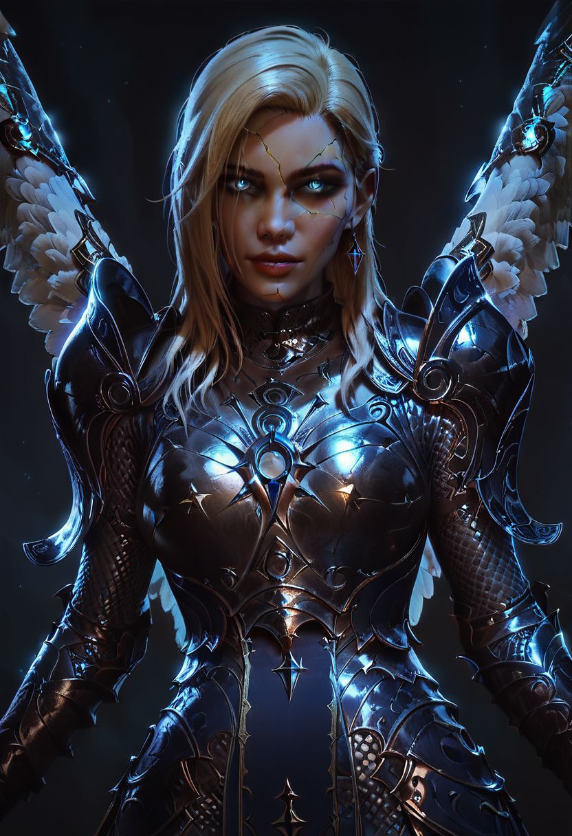 score_9, score_8_up, score_8, 1girl, smooth, dameaylin, cracked gold skin, pale white skin, blonde hair,  highly detailed, perfect, high quality, high definition, looking at viewer, sullen, concept art, realistic, dark theme, low light, black angel wings, dark forest, glowneon, glowing, blue glow, wearing armor, blue glow shining down from above