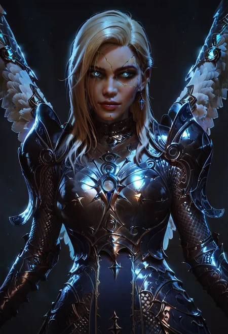 score_9, score_8_up, score_8, 1girl, smooth, dameaylin, cracked gold skin, pale white skin, blonde hair, highly detailed, perfect, high quality, high definition, looking at viewer, sullen, concept art, realistic, dark theme, low light, black angel wings, dark forest, glowneon, glowing, blue glow, wearing armor, blue glow shining down from above