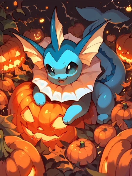score_9, score_8_up, score_7_up, score_6_up, score_5_up,   <lora:halloweenpokemonXLP:1> halloween pokemon, no humans, jack-o'-lantern, (vaporeon:1), candy,