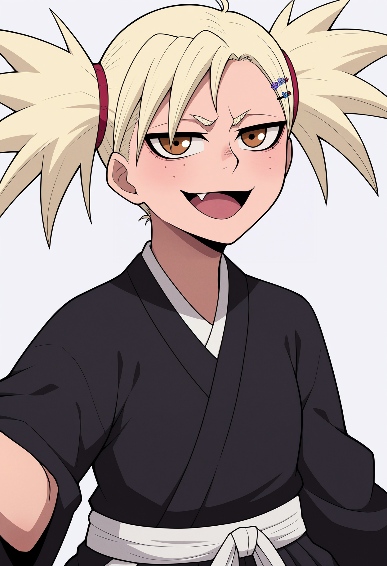 best quality, amazing quality, very aesthetic, absurdres,
BREAK
1girl, sarugaki hiyori, blonde hair, short twintails, brown eyes, freckles, hairclip,
fang,
black kimono, japanese clothes, black hakama,
upper body,
smile, looking at viewer, solo, simple background, white background, <lora:HiyoriSarugakiNoobXL_byKonan:1>
