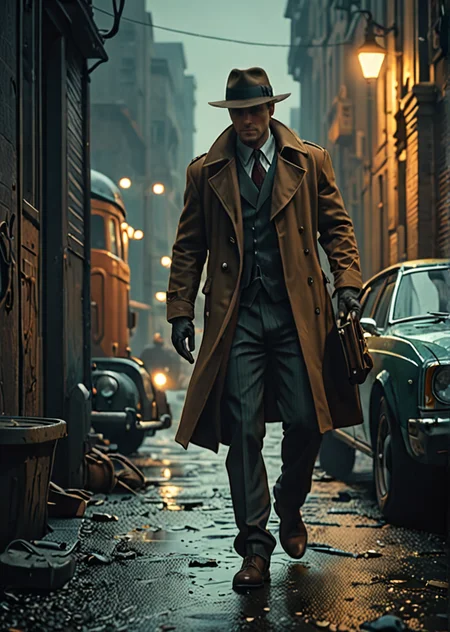 film noir detective hiding from an ambush at the dockse <lora:add-detail-xl:1>,  epic shot, sharp image, dramatic lighting, highest quality, 8k, soft colors < sci-fi illustration