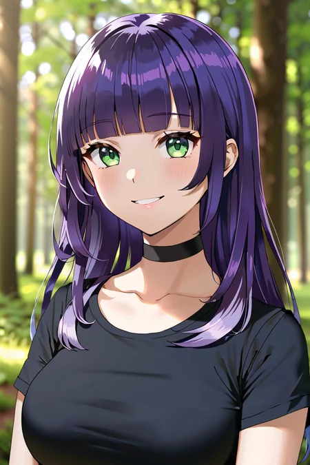 solo,
long hair, wavy hair, purple hair, blunt bangs, green eyes, large breasts, black t-shirt, choker, smile,
portrait, forest, depth of field,
masterpiece, best quality,