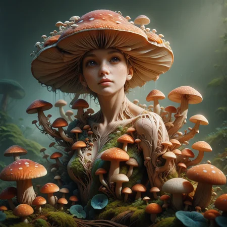 score_9,score_8, <lora:Fungal_World_Morph_V2:1>fungal_world, a 1girl made of mushrooms