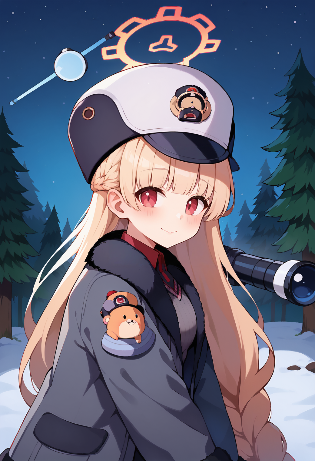 score_9, score_7_up, hd, (ultra hd quality details), source_anime, starry sky, night, winter, outdoors, forest,
solo, 1girl, nodokaba, halo, braid,
ndbadef, very long hair, hat, grey coat, fur trim, grey sweater, long sleeves, collared shirt, black shirt, black pantyhose, grey skirt,
looking at viewer, blush, smile, closed mouth,
from side, leaning forward, binoculars, telescope, 
<lora:_nodokaba-elesico-pony:1>