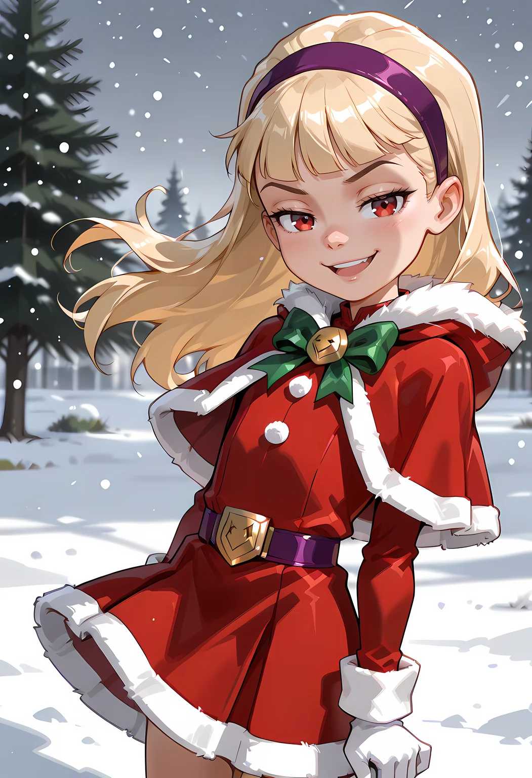 score_7, score_7_up, score_9, score_9_up, BREAK, DC__Young_Justice_Child, 1girl, blond hair, red eyes, purple hairband, , smug smile,  arched back, cowboy shot, solo, child <lora:justice_girl_childILL:1>, (portrai shot, upper body), happy, looking at viewer, upper teeth, looking at viewer,  christmas, fur trim, red capelet, red dress, fur-trimmed dress, long sleeves, white gloves, snowing, outdoors