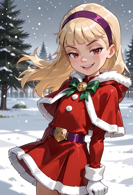 score_7, score_7_up, score_9, score_9_up, BREAK, DC__Young_Justice_Child, 1girl, blond hair, red eyes, purple hairband, , smug smile, arched back, cowboy shot, solo, child <lora:justice_girl_childILL:1>, (portrai shot, upper body), happy, looking at viewer, upper teeth, looking at viewer, christmas, fur trim, red capelet, red dress, fur-trimmed dress, long sleeves, white gloves, snowing, outdoors