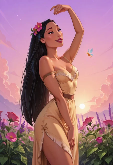 DisneyPocahontas, 1girl, black hair, dark brown  eyes, long hair, dark skin, solo, POH-Illu, flowers, hair flowers, hair ornament,
fae, fairy, playful, sexy, teasing, dancing, in a garden, sunshine, puffy clouds, hazy sunshine,
slender,
intricate sundress, festival dress,
slender hips, tiny waist, 
strap slip, cleavage, small breasts,
masterpiece, best quality, newest, absurdres, highres, very awa