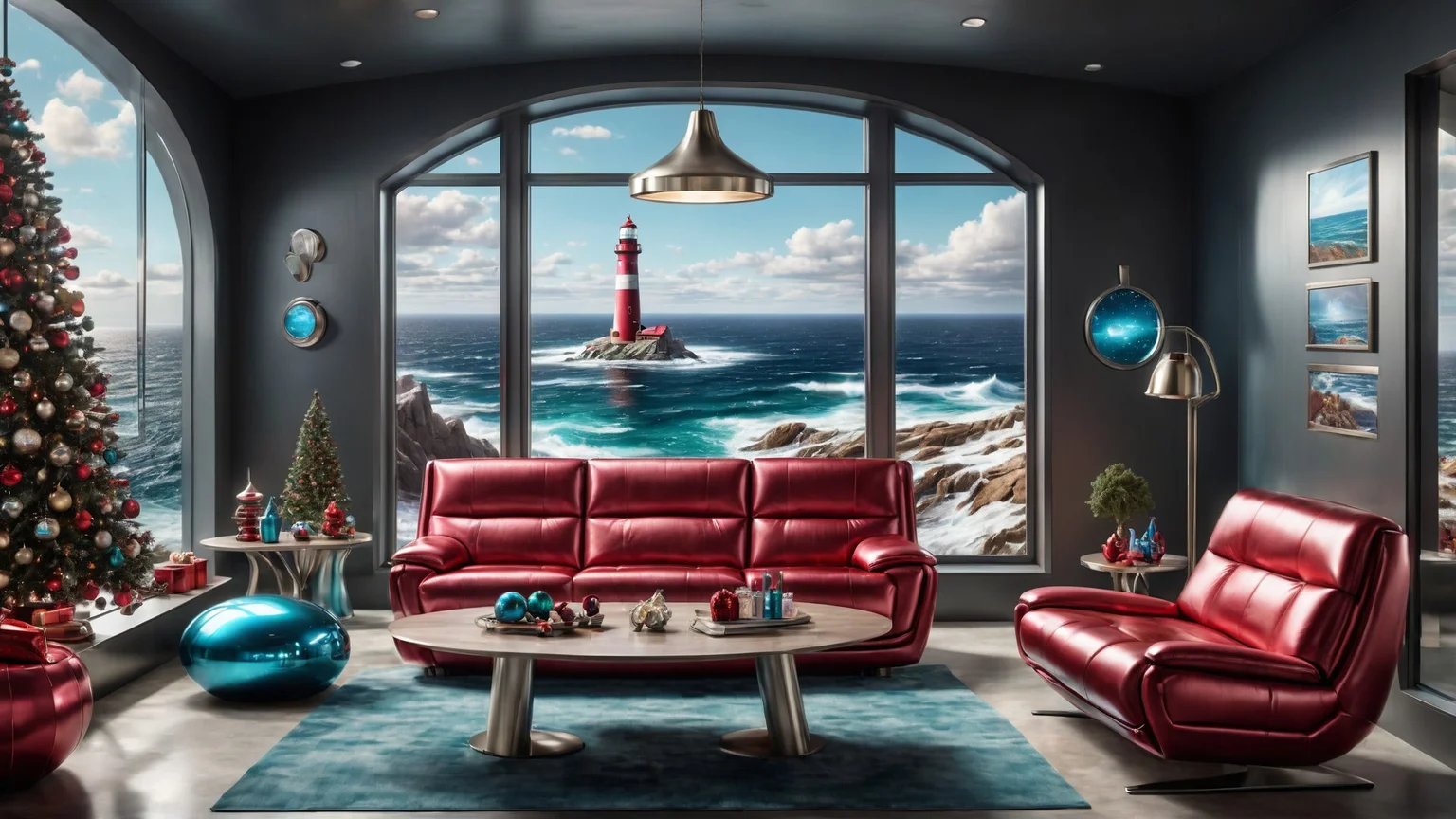 Award-winning modern furniture and lighting in a cs-m3tal-ok_v03-1600 futuristic art studio. Christmas color palette. A large window has a view of a magnificent rocky seashore, lighthouse, storm outside. Very detailed, intricate, photorealistic, crisp edges.