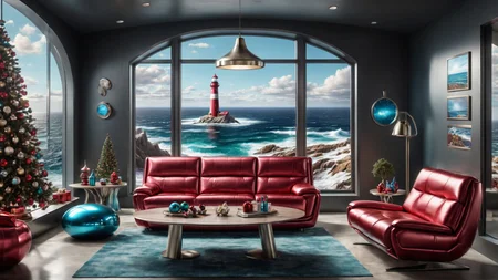 Award-winning modern furniture and lighting in a cs-m3tal-ok_v03-1600 futuristic art studio. Christmas color palette. A large window has a view of a magnificent rocky seashore, lighthouse, storm outside. Very detailed, intricate, photorealistic, crisp edges.