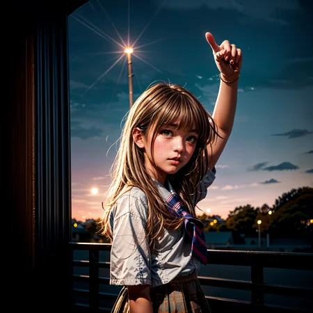 masterpiece, best quality, 1girl, japanese, brown hair, parted bangs, medium hair, brown eyes, autumn, white school uniform, pointing to the sky, showing, 
<lora:skin_tone_slider_v1:0.5>  <lora:eye_size_slider_v1:0>  <lora:detailSliderALT2:2>,  <lora:age_slider_v6:-1.8> , (blue hour, twilight, ISO12000:1.3) , low-key lighting, dimly lit, <lora:GoodHands-vanilla:1>