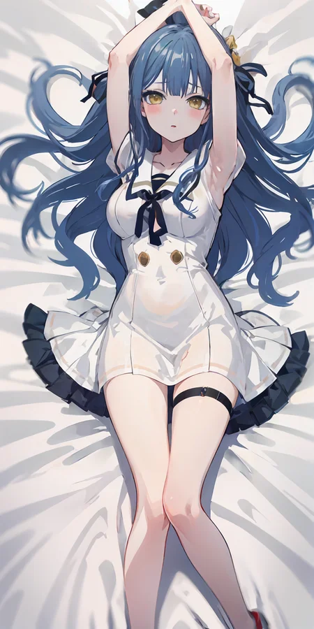 masterpiece,absurdres,lying on bed,
eye_contact,Flat chest,
<lora:char-mygo_丰å·ç¥¥åtogawa_sakiko_bangdreamitsmygo:0.6>,togawa_sakiko_bangdreamitsmygo,人-mygo-mygo_丰å·ç¥¥åtogawa_sakiko_bangdreamitsmygo,
long_hair,bangs,ribbon,hair_ribbon,black_ribbon,white_dress,yellow_eyes,Reach out to viewer,(miniskirt:0.7),sidelocks,blue_hair,
from_above,legs,
blush,parted lips,shy,thighhighs,white legwear,, masterpiece, best quality,absurdres,1girl,solo,front view,white background,looking_at_viewer,eye contact,