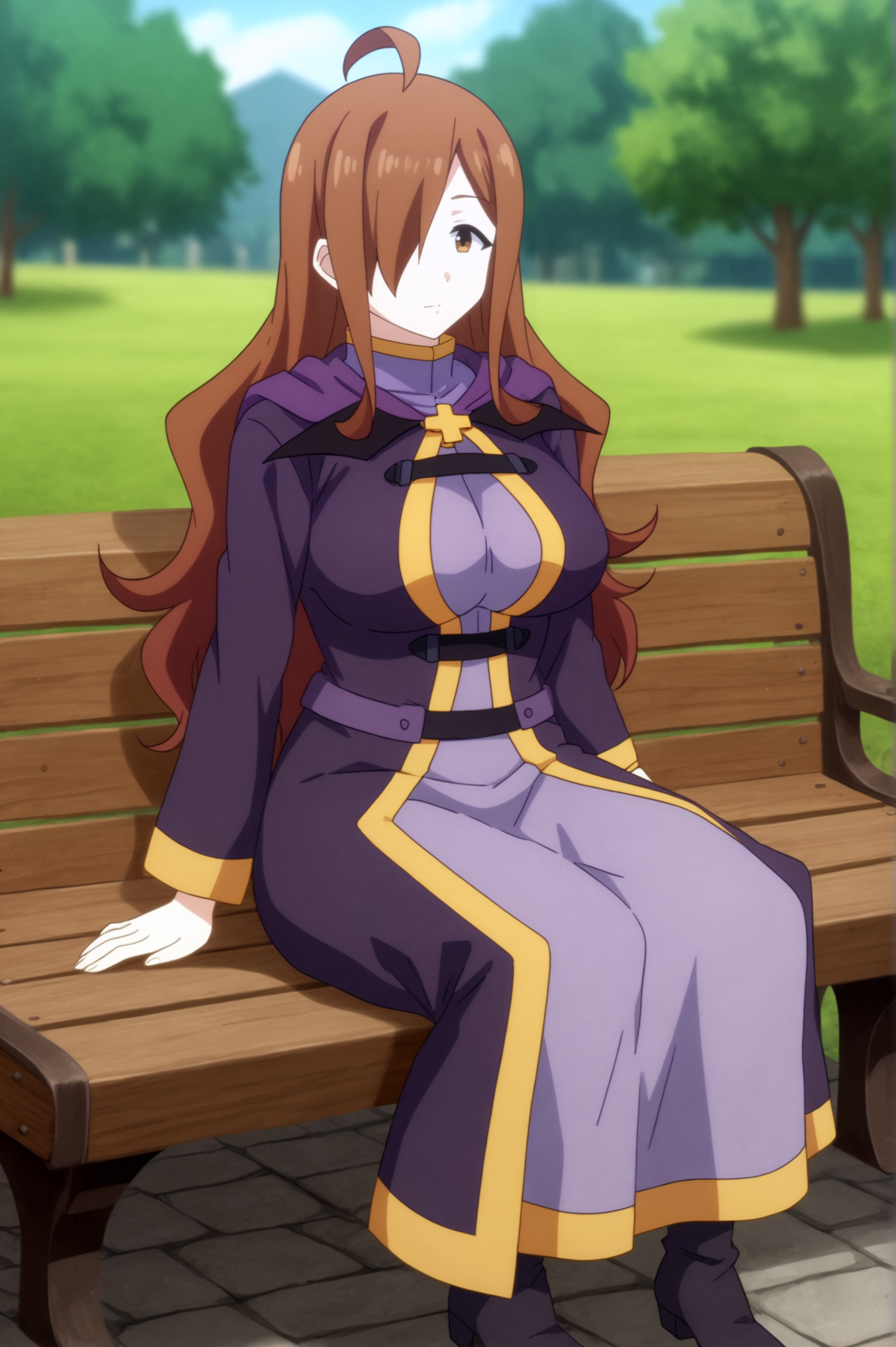 <lora:Wiz:0.7> Wiz, 1girl, solo, breasts, looking_at_viewer, long_sleeves, dress, sitting, outdoors, boots, blurry, blurry_background, robe, bench, anime_coloring, sitting_on_bench, purple_robe <lora:sdxl_lightning_4step_lora:1>