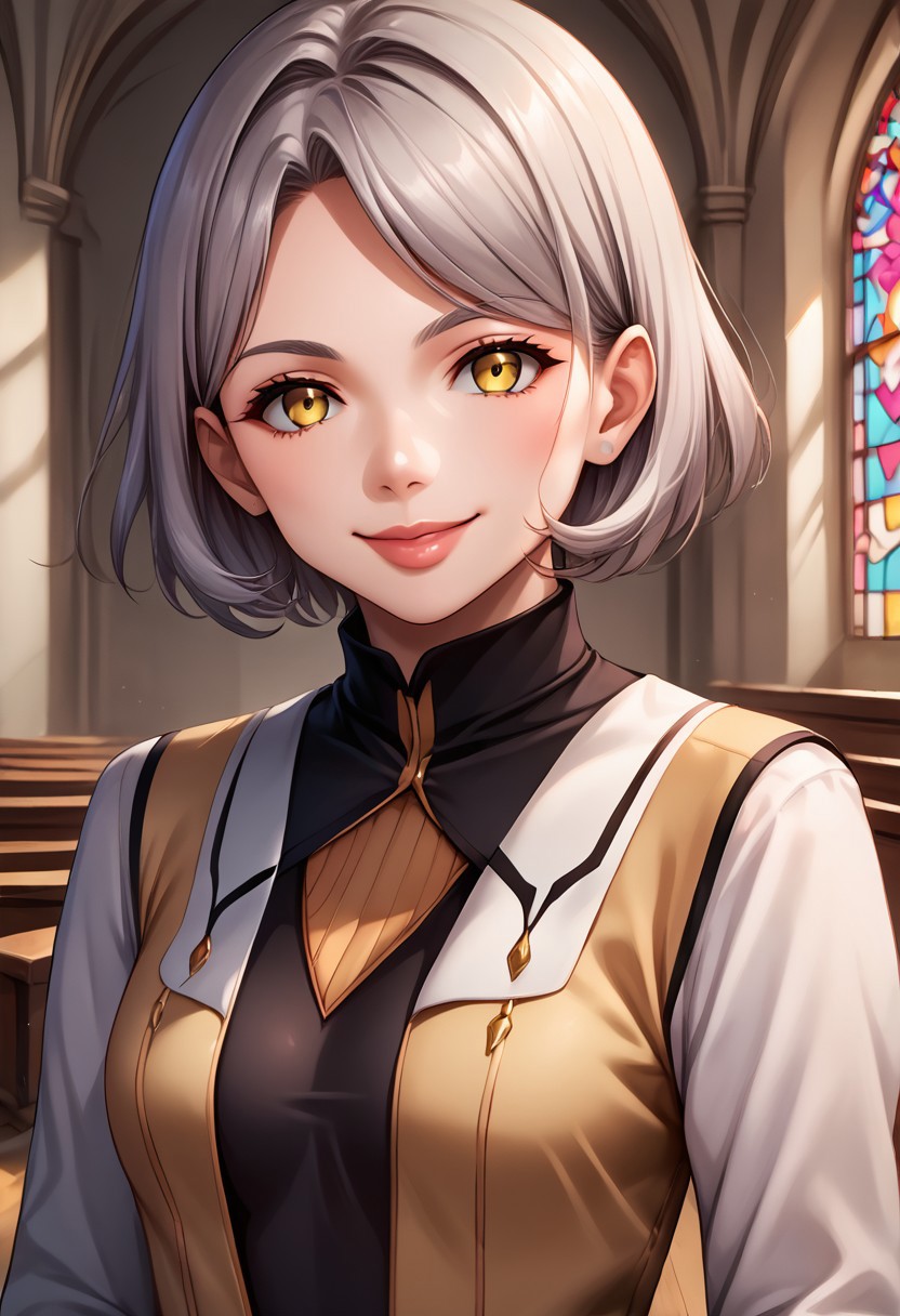 score_9, score_8_up, score_7_up, score_6_up, score_5_up, score_4_up,anime coloring BREAK source_anime,anime, detailed, intricate details, chromatic aberration, realistic, veins source_anime, 
<lora:febronia0829-sdxl-000020:1>, febronia \(xenosaga\), 1girl, solo, looking at viewer, short hair, robe, indoors, church, yellow eyes, grey hair, blue pants, turtleneck, boots, long sleeves, lips, smiling
Face Focus, Upper Body detailed eyes、detailed face and detailed skin <lora:add-detail-xl:1.0>
