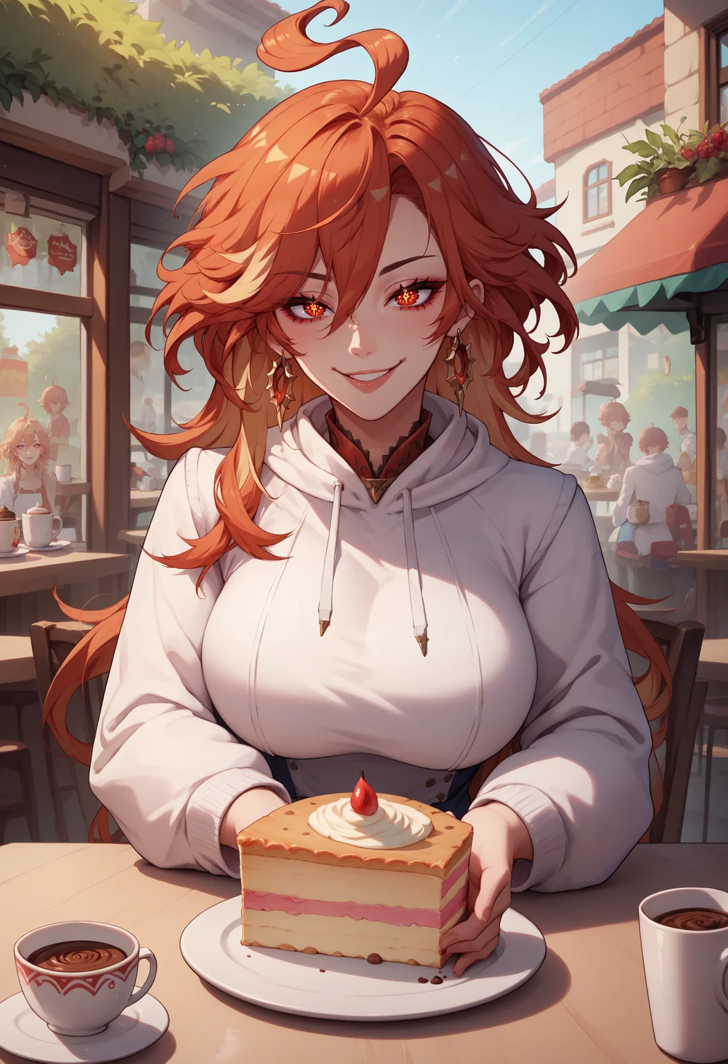 score_9, score_8_up, score_7_up, mavuika, symbol-shaped pupils, ahoge, red eyes, large breasts, earrings, <lora:Mavuika_pdxl_Incrs_v1:1>, white hoodie, upper body, pov across table, food, seductive smile, coffee, cafe, outdoors, cake,