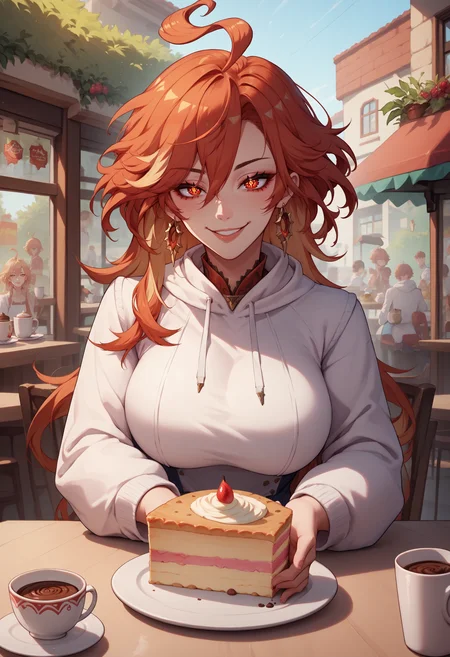 score_9, score_8_up, score_7_up, mavuika, symbol-shaped pupils, ahoge, red eyes, large breasts, earrings, <lora:Mavuika_pdxl_Incrs_v1:1>, white hoodie, upper body, pov across table, food, seductive smile, coffee, cafe, outdoors, cake,