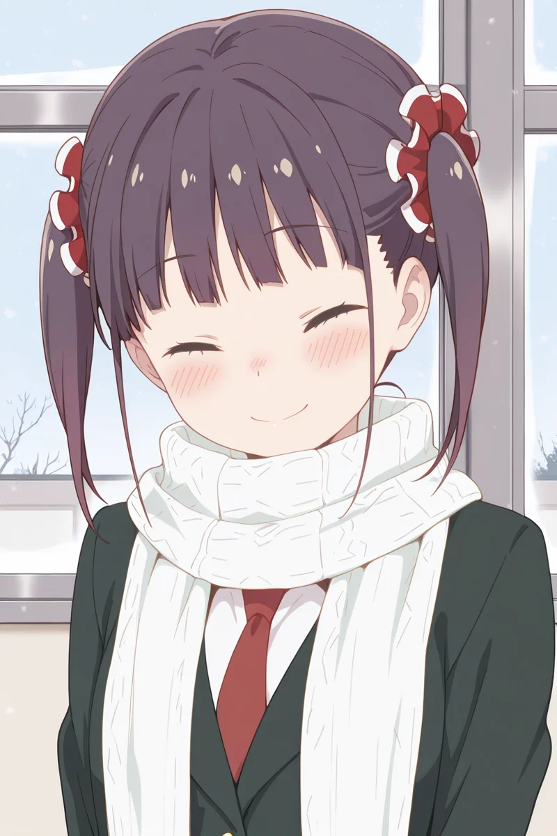 masterpiece, best quality, amazing quality,
<lora:Shizuku_IL:1> shizuku, 1girl, solo, closed eyes, scrunchie, white scarf, smile, hair scrunchie, blush, necktie, window, closed mouth, red necktie, twintails, school uniform, blazer