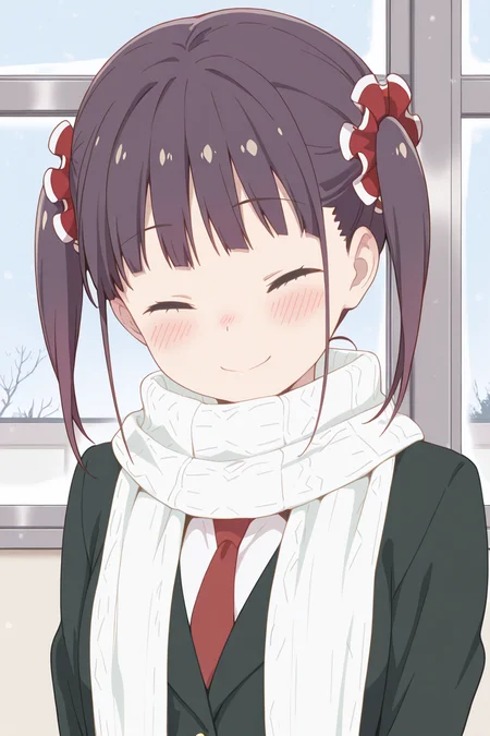 masterpiece, best quality, amazing quality,
<lora:Shizuku_IL:1> shizuku, 1girl, solo, closed eyes, scrunchie, white scarf, smile, hair scrunchie, blush, necktie, window, closed mouth, red necktie, twintails, school uniform, blazer
