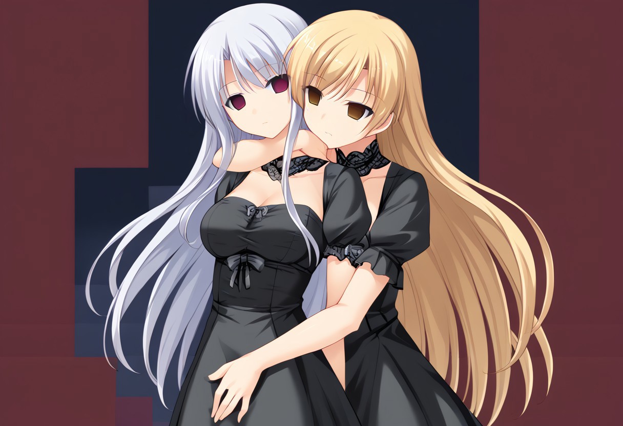 anime, empty eyes, hypnotized, blank stare, expressionless, two girls, adult, close up, long hair, dress, hugging, biting neck