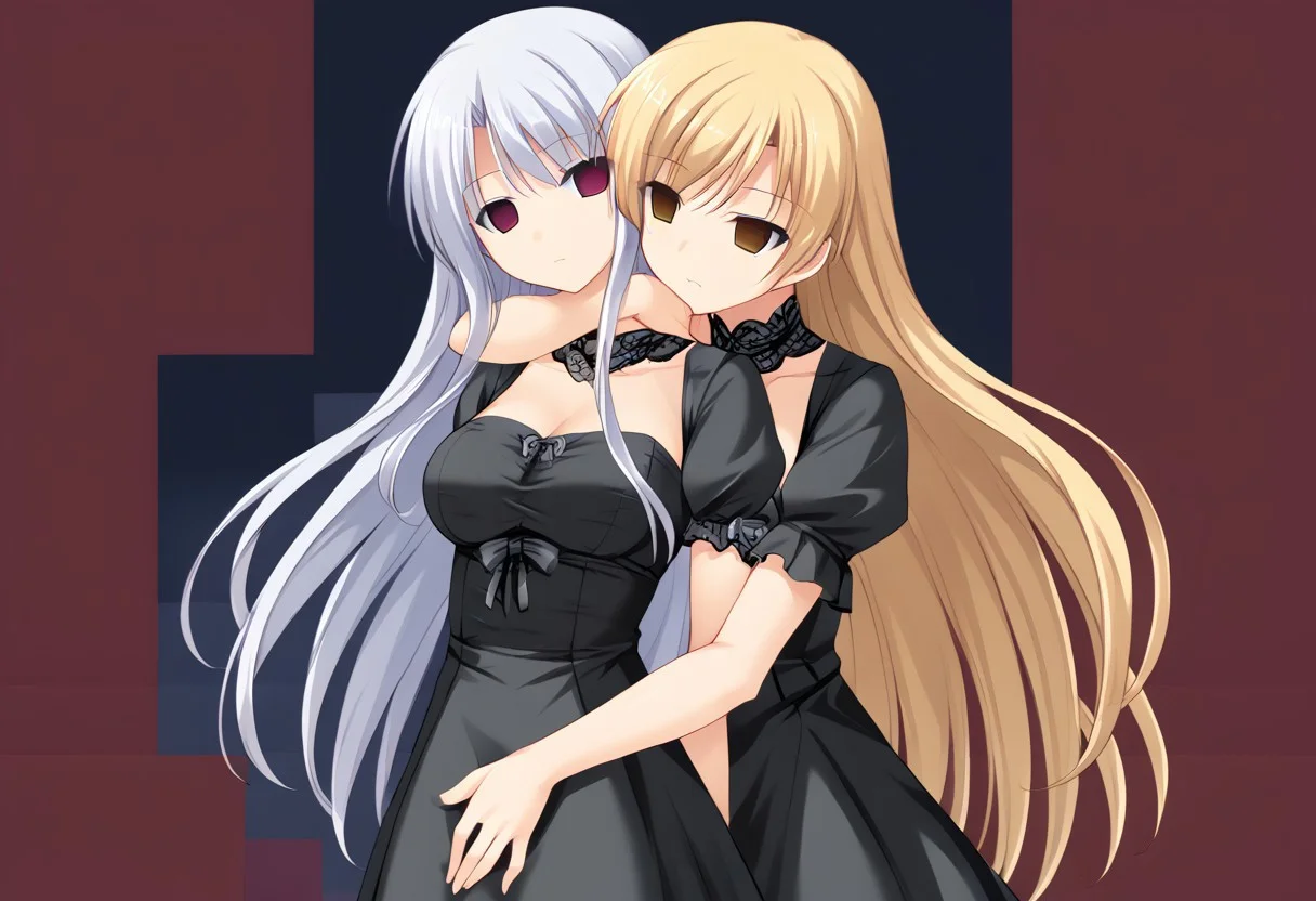 anime, empty eyes, hypnotized, blank stare, expressionless, two girls, adult, close up, long hair, dress, hugging, biting neck